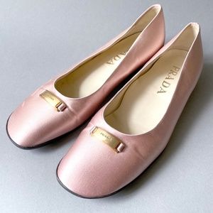 PRADA pink satin ballet flats w/ gold color buckle engraved with PRADA